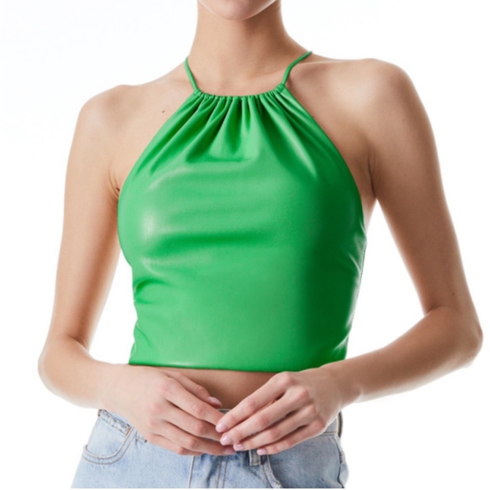Alice & Olivia Vegan Leather Green Halter Top in Medium